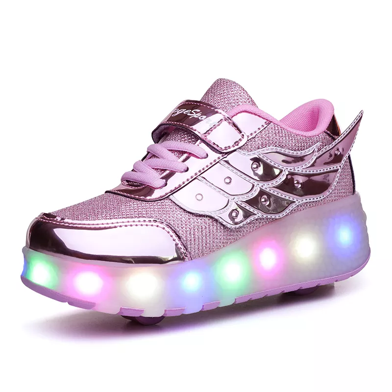 3in1 Roller Skate Sneakers Kids Wheel Shoes LED Lights - Pink Wings