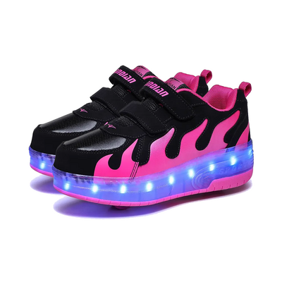 3 in 1 Dual Roller Skate Sneakers with LED Lights - Pink Flame